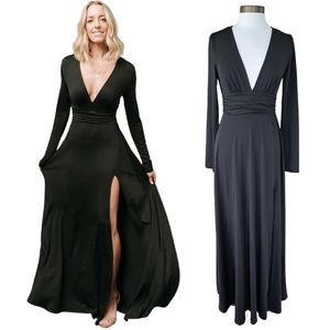 Baltic Born Arianna Black Maxi Dress Size Large Plunge V-neck Long Sleeve